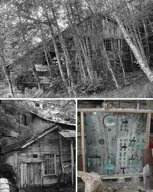 Composite of three images. Top: black and white building viewed through trees. Bottom left: Black and white building in trees. Right: Wooden panel with switches and green corroded metal.