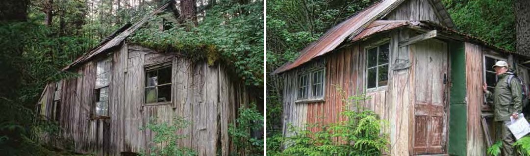 Composite of two images: left, wooden building with broken windows. Right: Similar small building with rust on the sides and person on far right.