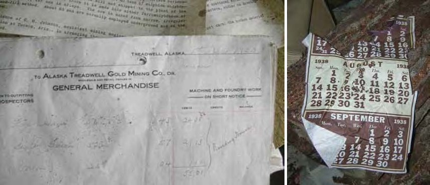 Composite image of two photos: left, paper receipt with text "General Merchandise". Right: Calendar page showing three months, ripped