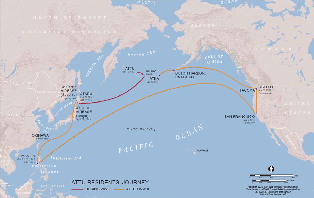 Map of Pacific Ocean showing Attu resident's journey during and after WWII