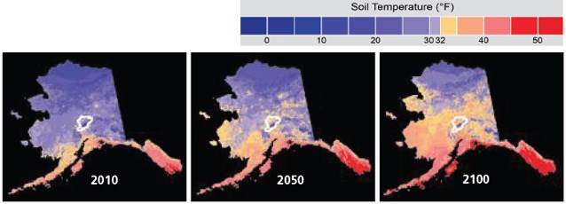 three maps of alaska with successively redder overlays indicating melting permafrost over 100 years