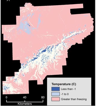 permafrost figure 6 map of denali national park illustrating the limited areas where ground temps will be below freezing by 2065