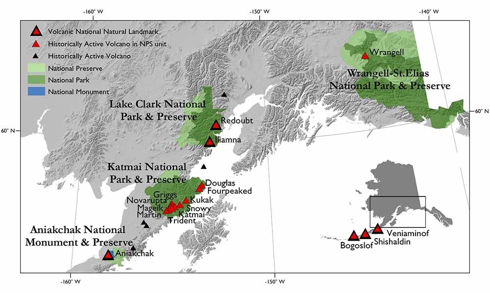 An annotated map showing the location of volcanoes in parks.