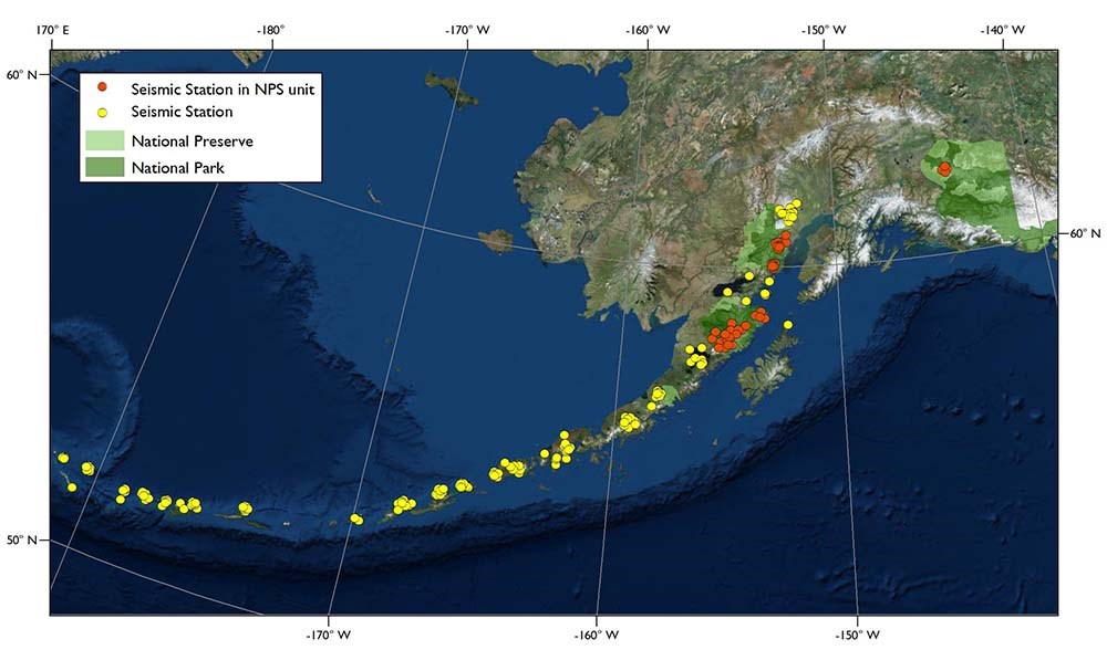 Remote imagery map with locations of seismic monitoring stations.