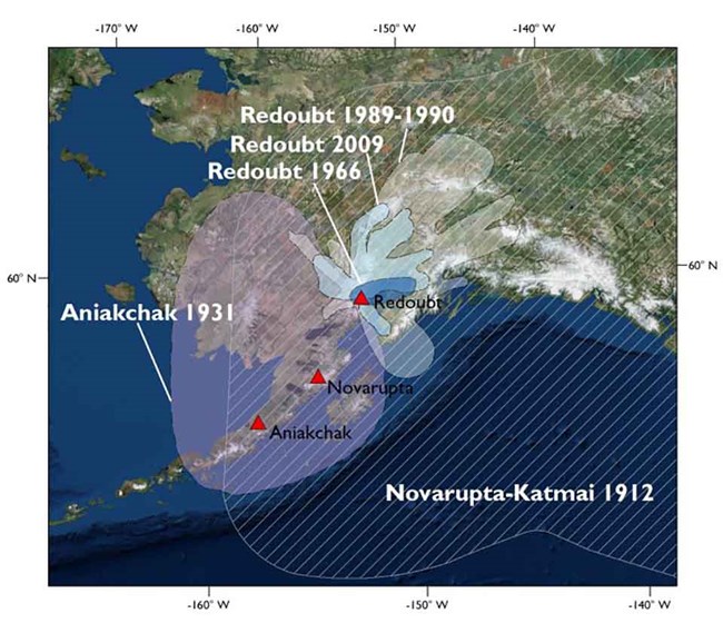 A map with overlays showing the extent of ash clouds from various volcanic eruptions.