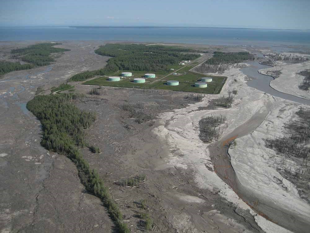 An aerial image of volcanic ash and pyrocastic flows.