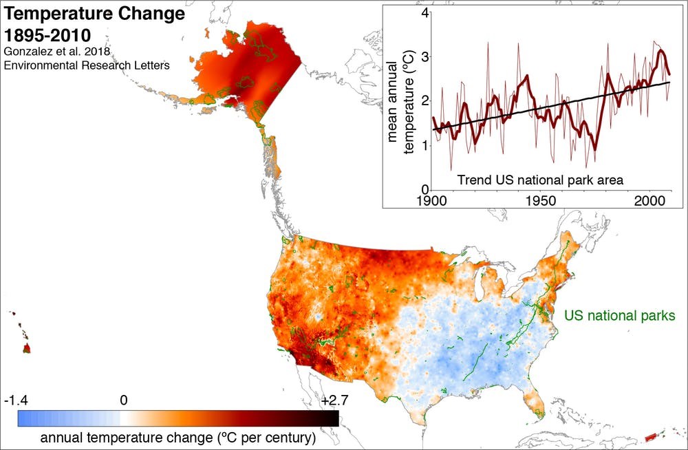 Map of the US, including National Park boundaries, indicating temperature change throughout the country from 1895-1850. An inset graph shows a rising trend for mean annual temperatures from 1900 to 2010.