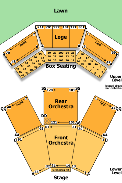 Representation of the Filene Center seating area with stage labeled at the bottom, followed by front orchestra (A through U), and then rear orchestra (AA through QQ), box seats in the upper area and loge, followed by lawn section on the top.