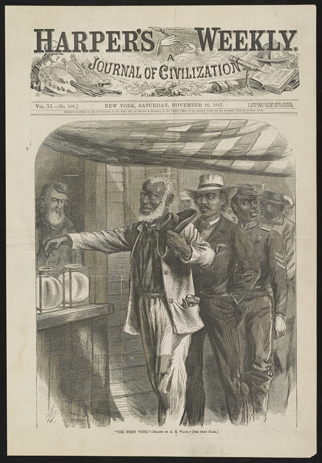 Waud, Alfred R. , Artist. "The first vote" / AW monogram ; drawn by A.R. Waud. , 1867. Photograph. https://www.loc.gov/item/00651117/.