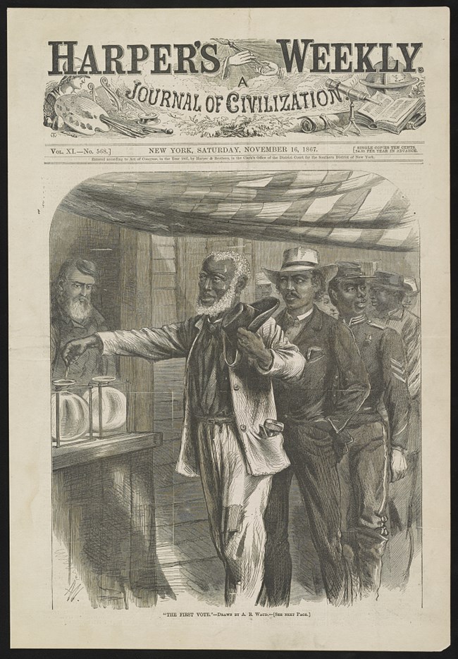 Waud, Alfred R. , Artist. "The first vote" / AW monogram ; drawn by A.R. Waud. , 1867. Photograph. https://www.loc.gov/item/00651117/. Waud, Alfred R. , Artist. "The first vote" / AW monogram ; drawn by A.R. Waud. , 1867. Photograph. https://www.loc.gov/item/00651117/.