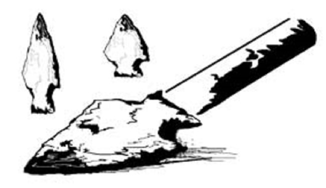 Illustration of 3 flint arrowheads, 1 has a cylindrical attachment to make a tool.