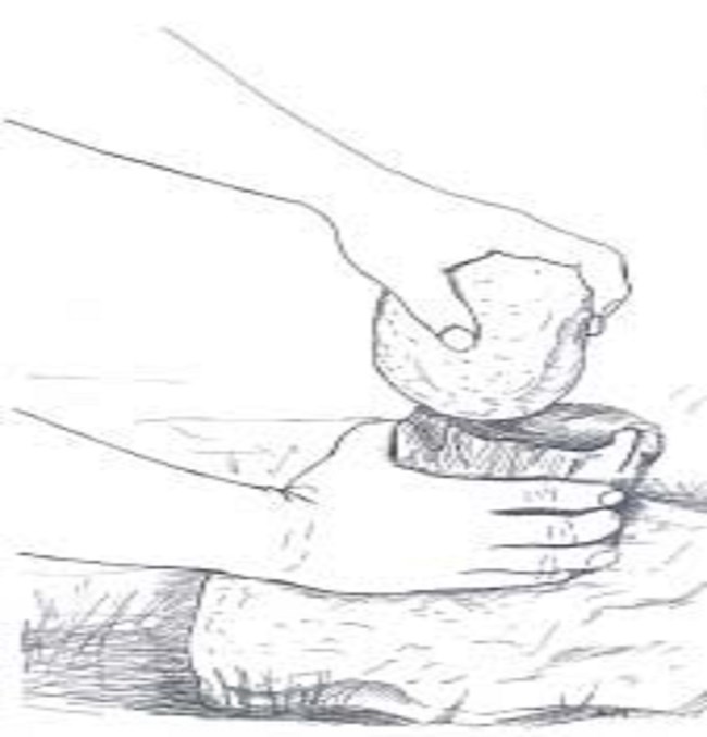 Illustration of hand holding flint on top of a flat rock. Second hand hits a rock on top of the flint.