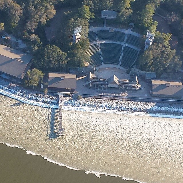 aerial view of theatre and shoreline