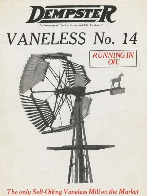 Advertisement for Windmill "Dempster Vaneless No. 14, Running in Oil, The only Self-Oiling Vaneless Mill on the Market"