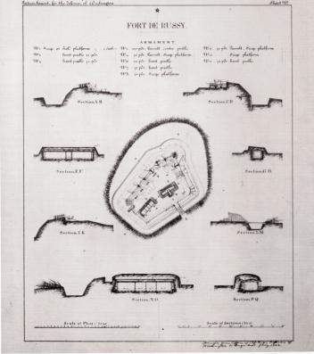 Diagram of the Fort DeRussy plan. Fort DeRussy is in the center; important cross-sections of the fort are enlarged and labeled.