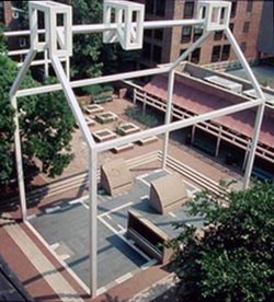 [photo] Overhead view of steel “ghost structure” delineating Franklin's house.