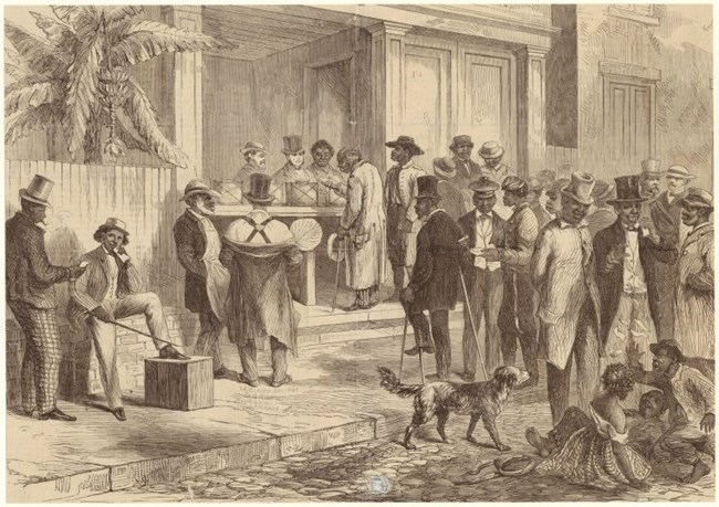 Freedmen Voting In New Orleans, circa 1867. Art and Picture Collection, The New York Public Library https://digitalcollections.nypl.org/items/510d47e1-3fd9-a3d9-e040-e00a18064a99
