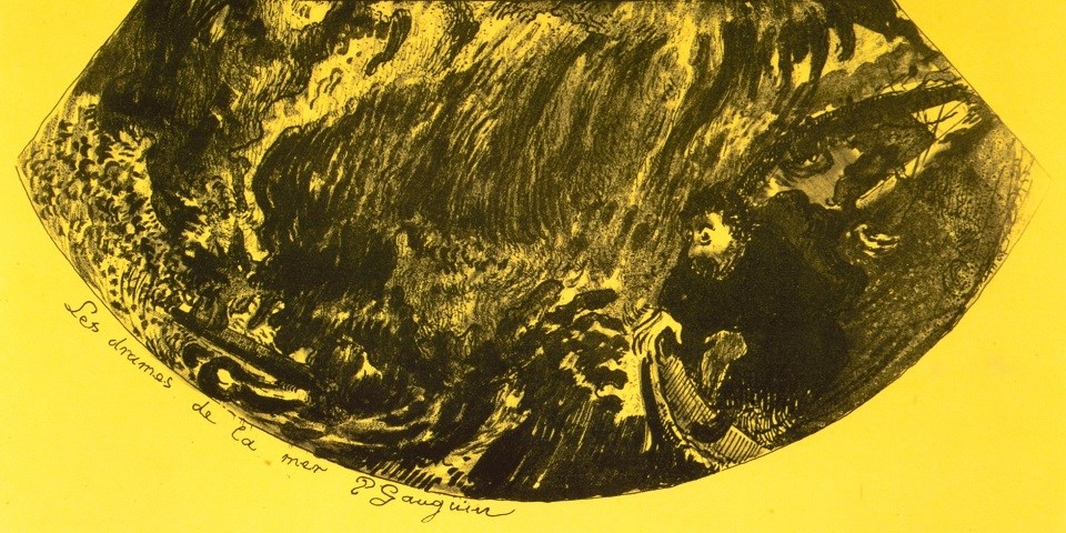 Drawing on a yellow background depicting a giant man living at the bottom of the sea.