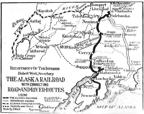 map titled alaska railroad with connecting road and river routes, showing southcentral alaska