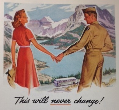 Color drawing of a woman and soldier holding hands in front of a mountain and lake scene