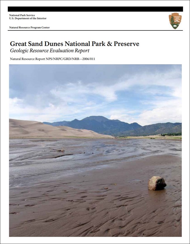 link to great sand dunes gri report download site gri report cover with photo of stream, dunes, and mountains