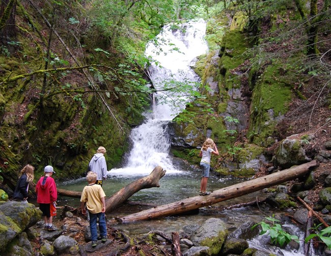 visitors at waterfall