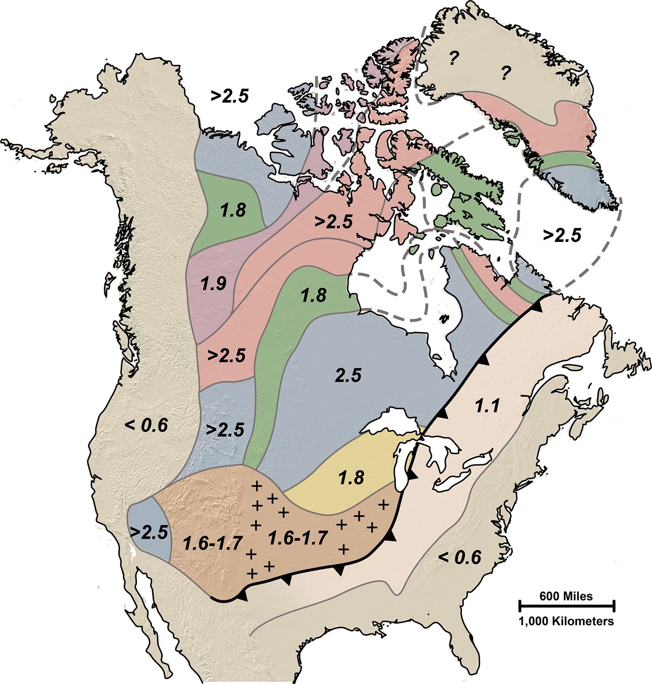 map of north america showing age of rocks