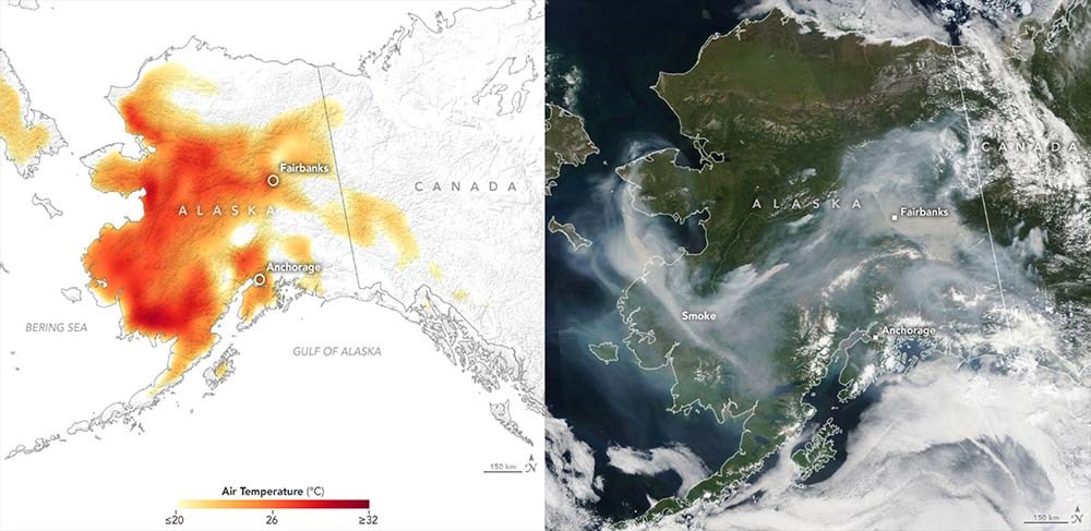 Two images side by side. On the left a map of Alaska showing warmer than normal temperatures and on the right, a satellite image of smoke covering much of Alaska.