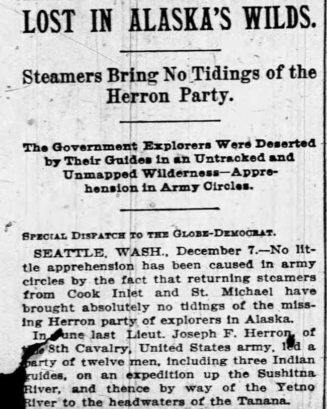 newspaper headline reading "lost in alaska's wild. steamers bring no tidings of herron party"