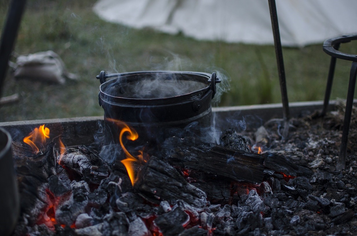 Cast iron Dutch over over hot coals
