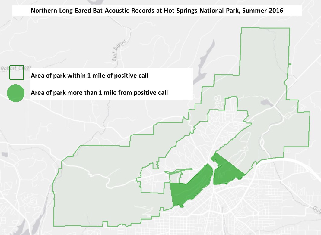 A map showing northern long-eared bat acoustic records at Hot Spring National Park, 2016