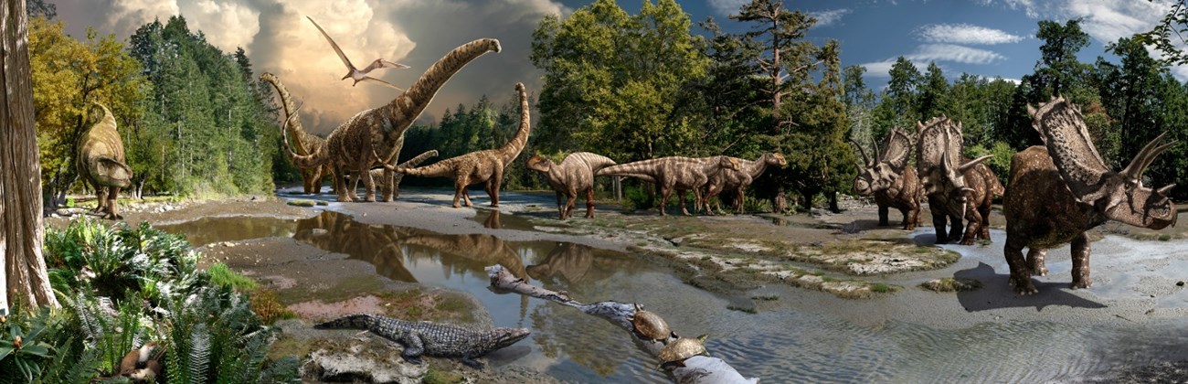 illustration by csotonyi and lefort illustration of prehistoric scene with several animals