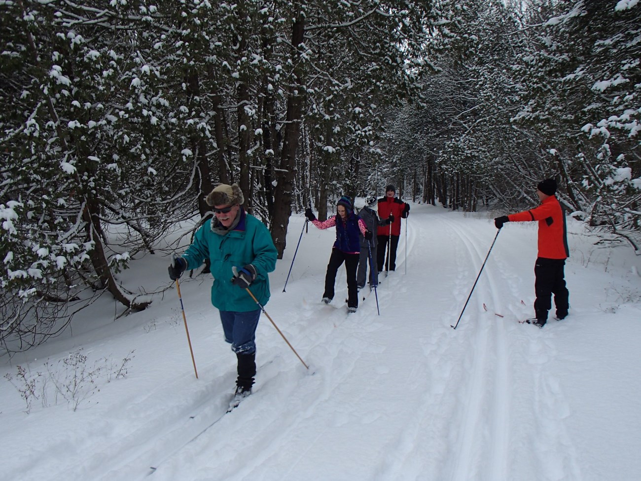 Cross country skiers enjoy a wintry jaunt through the forest in Sleeping Bear Dunes. Cross country skiers enjoy a wintry jaunt through the forest in Sleeping Bear Dunes.