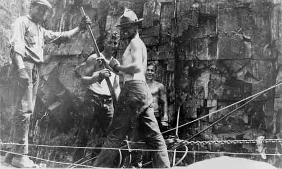 Group of men haul up equipment.