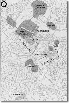 Map of Lowell showing immigrant communities