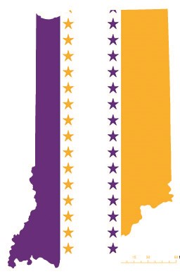 indiana Indiana state overlaid with the purple, white, and gold suffrage flag