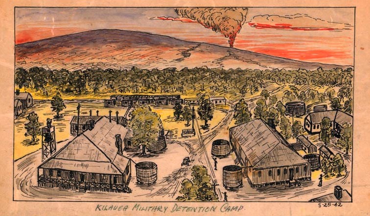 Hand-drawn ink sketch of Kilauea Military Camp