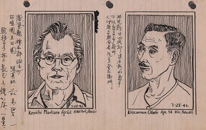 Hand-drawn ink sketch of Kilauea Military Camp detainees