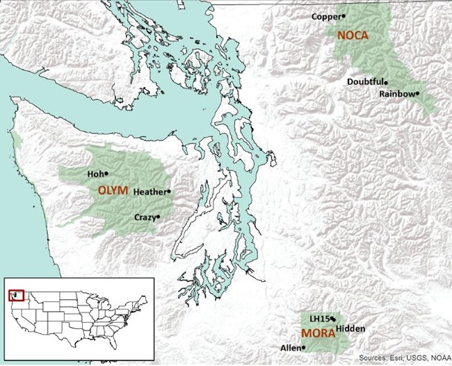 This map shows the nine alpine lakes that were sampled for phytoplankton and effects of nitrogen application.
