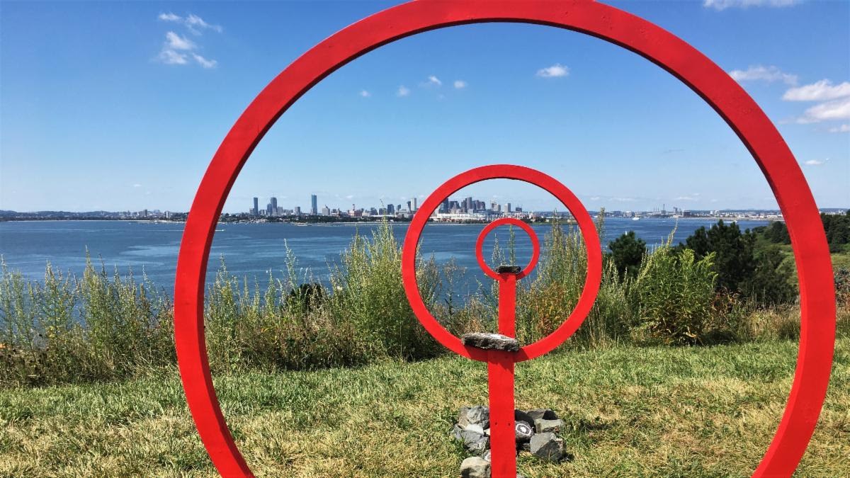 A social engagement sculpture, part of the "Harboring Project" by the Reciprocity Collaborative, at Spectacle Island in Boston Harbor Islands National Recreation Area. National Park Service photo. A social engagement sculpture, part of the "Harboring Project" by the Reciprocity Collaborative, at Spectacle Island in Boston Harbor Islands National Recreation Area. National Park Service photo.