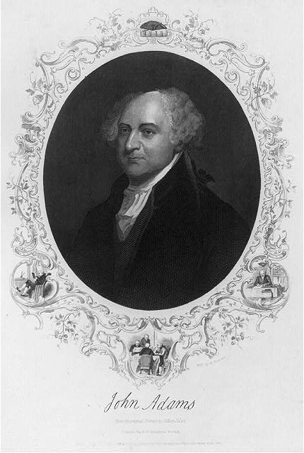 Portrait of John Adams wearing a dark coat and cravat. His signature is below the image.