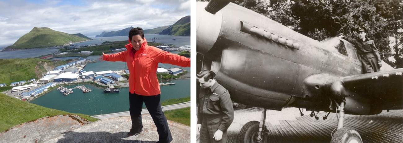 Two photos: color one of woman standing with her arms on, in front of a bay filled with boats and the ocean and sky in background. Black and white photo of two men with an old fashioned airplane.