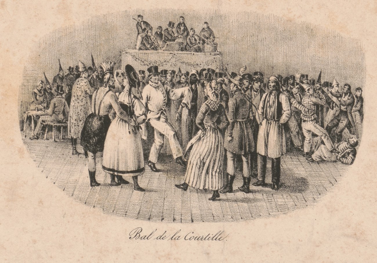 Kings Ball Sketch Sketch of a crowd in various costumes dancing on a wooden floor.
