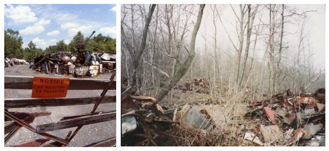 Collage of two side-by-side photos show piles of rusted metal and debris behind a closed gate.