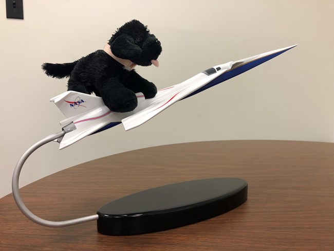 larcspacepup toy dog on a model plane
