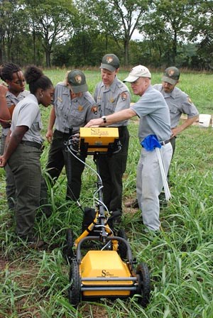 Archeologists in field with radar equipment.