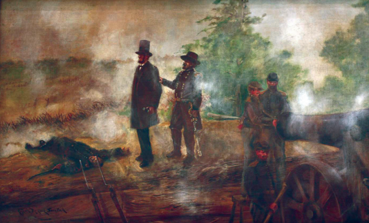 Painting of President Lincoln at Fort Stevens observing the fighting. He stands next to a high-ranking military personnel of some kind. The air is smoky from the cannons being fired by soldiers. There is one dead soldier on the ground next to Lincoln.