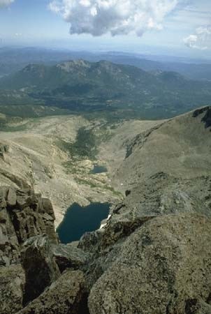 View of Chasm Lake from summit of Longs Peak
