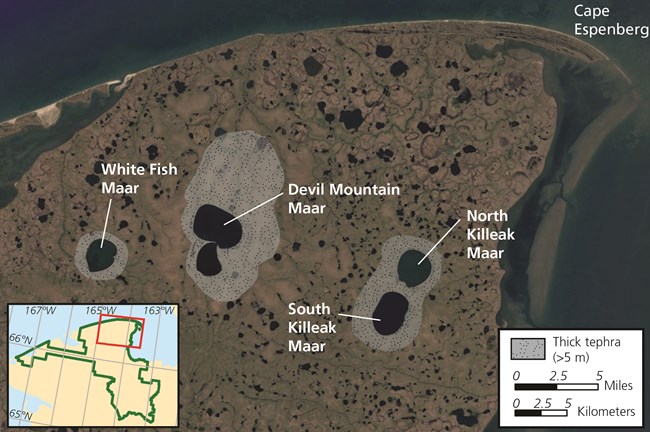 A graphic image of the location of 4 maar lakes near the northern boundary of the park.