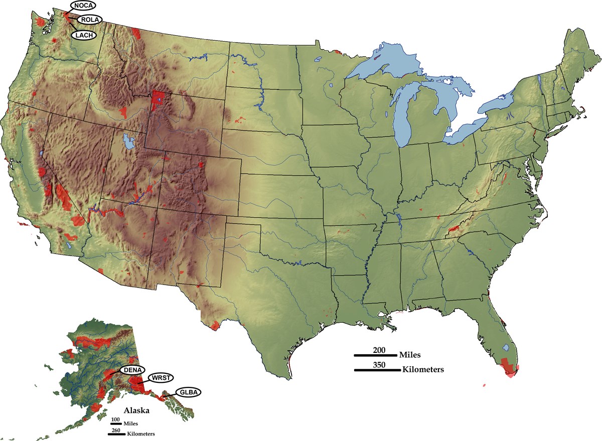 map of us with parks in accreted terranes marked and labeled